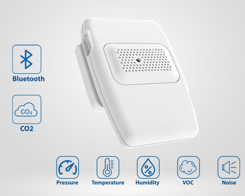 Compact indoor CO2 and noise monitor for ventilation and acoustic comfort tracking